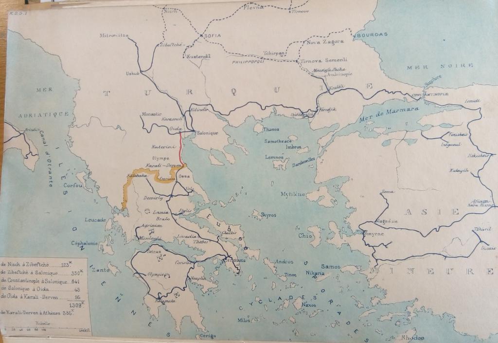 Les lignes ferroviaires en Grèce et dans l’Empire Ottoman avant les guerres Balkaniques (1912). En rouge, la ligne de jonction projetée (ANMT 1995 031 2221)