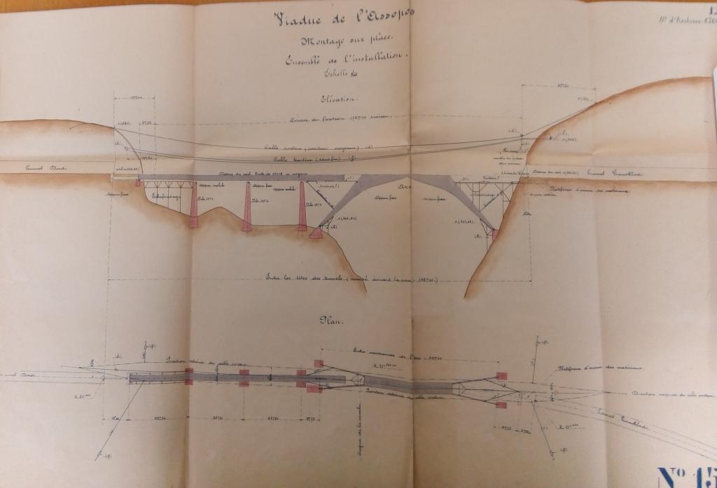 Élévation et plan du viaduc d’Assopos, conçu par l’ingénieur et construit  en 1901-1904 (ANMT, 1995 031 2206)