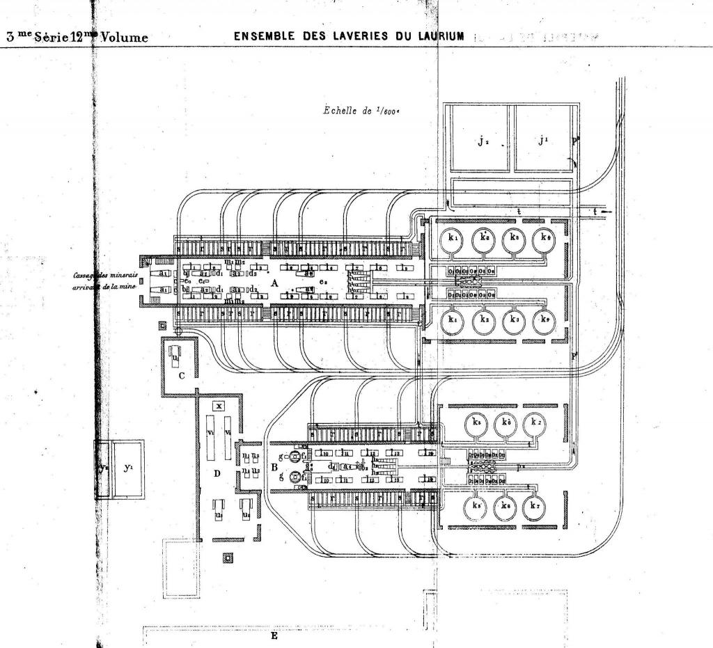 Les laveries du Laurium en 1878 (Alfred Huet, « Sur les gisements métallifères du Laurium » et « Le Laurium, 1878 », Mémoires et Comptes-Rendus de la Société des Ingénieurs Civils, vol. 32, 1879, p. 731-772).