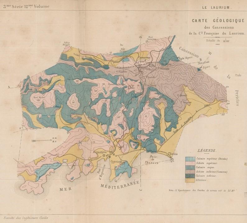 Carte géologique des concessions minières du Laurium en 1878 (Alfred Huet, « Sur les gisements métallifères du Laurium » et « Le Laurium, 1878 », Mémoires et Comptes-Rendus de la Société des Ingénieurs Civils, vol. 32, 1879, p. 731-772)