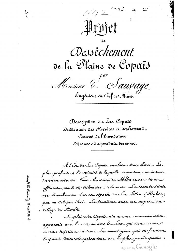 E. Sauvage, « Projet de dessèchement de la plaine de Copais, ms .....