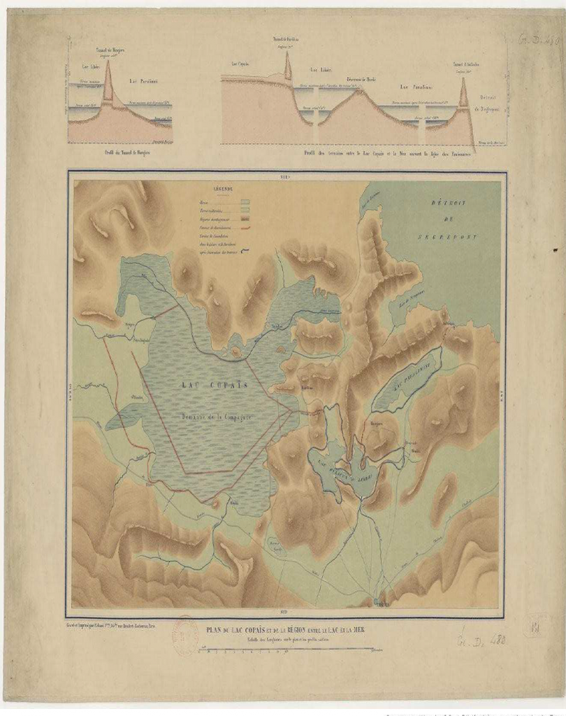 Plan du lac Copaïs et de la région entre le lac et la mer (Compagnie française pour le dessèchement du lac Copaïs, 1886) (Bibliothèque nationale de France, GED-480)