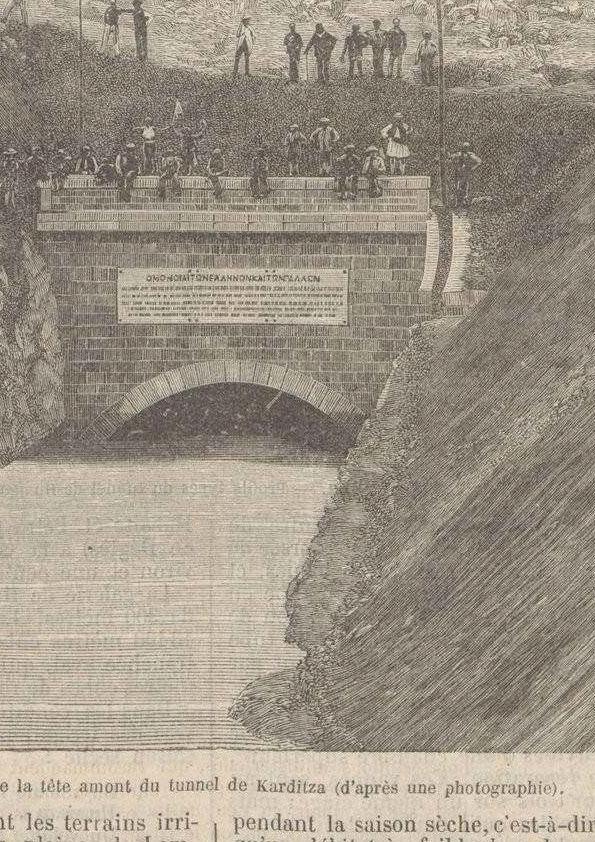 Dessèchement du lac Copaïs : Inauguration du canal émissaire de Karditsa. (Richou, G., « Travaux publics. Dessèchement du lac Copaïs. Inauguration du canal émissaire de Karditza (Fin) », Le Génie civil, tome IX, n° 24, 9 octobre 1886, p. 373-375, p. 373)