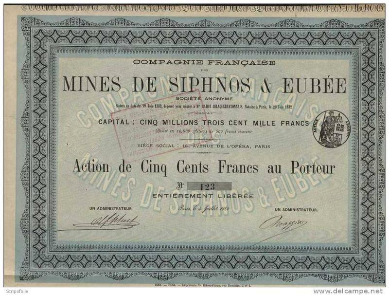 Action de la Compagnie française des mines de Siphnos & Eubée (1882) (coll. privée)