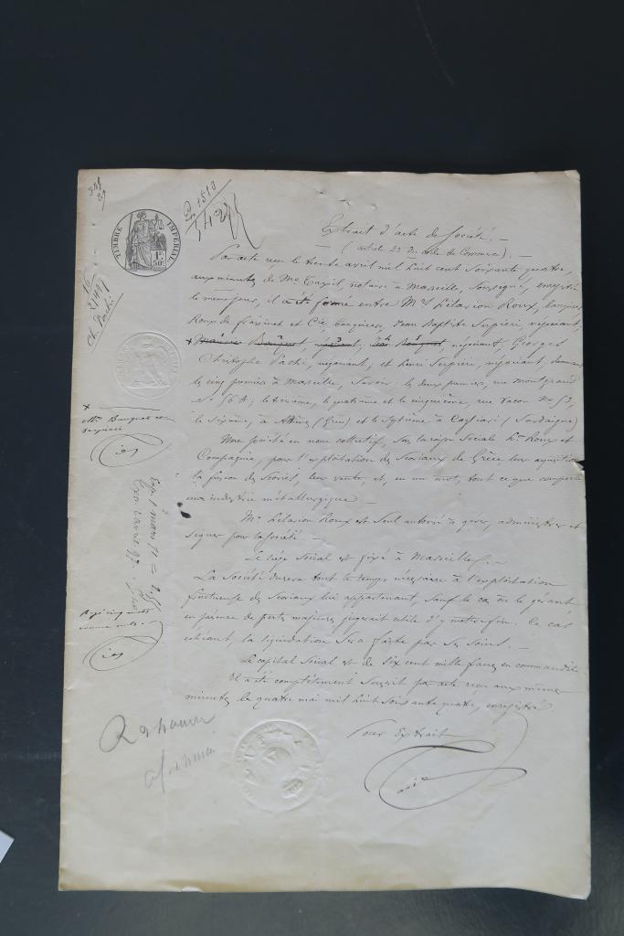 Extrait de l’acte de la société Hilarion Roux & Cie déposé au tribunal de commerce de Marseille le 30 avril 1864 (Archives départementales des Bouches-du-Rhône, série 13 B)