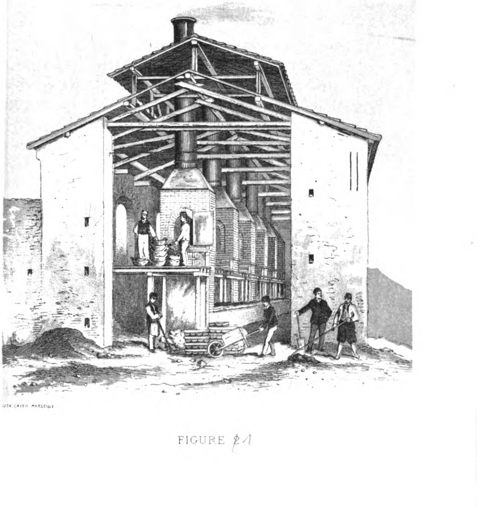 Batterie de fours de traitement des scories du Laurium (André Cordella, Le Laurium, Marseille, typographie et lithographie Cayer & Cie, 1869)