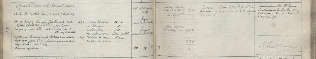 Extrait de la fiche relative à la scolarité de Quellenec à l’École des ponts et chaussées (Archives de l’École des ponts et chaussées, Paris, Ms 3274, Registre matricule des élèves, n° 2 : 1863-1907)