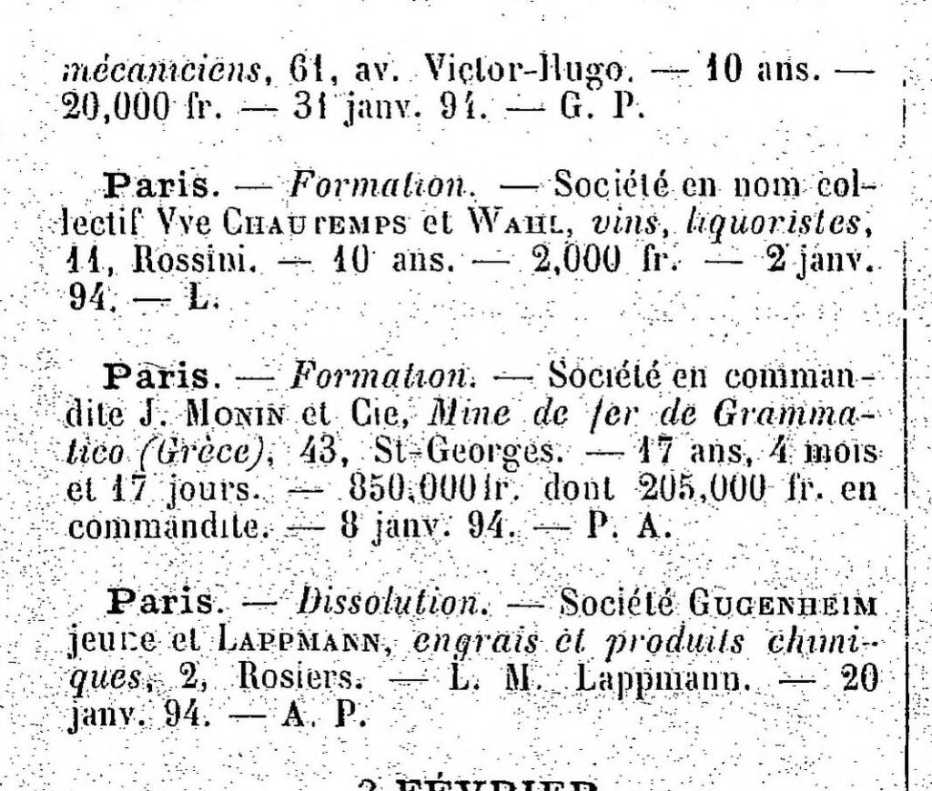 Annonce de la formation de la compagnie J. Monin et Cie, Archives commerciales de la France, 1894 (Source: Bibliothèque nationale de France, Gallica)