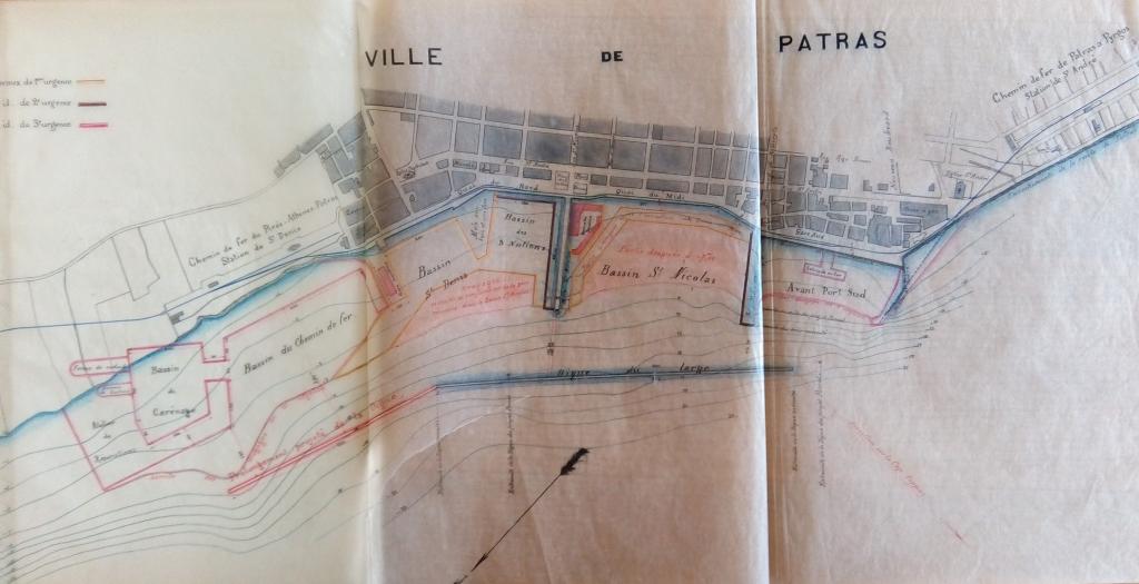 Plan du port de Patras, c.1895; en rouge, les extensions prévues. Source: Archives Nationales du Monde du Travail, Fonds Société de Construction de Batignolles, 2272